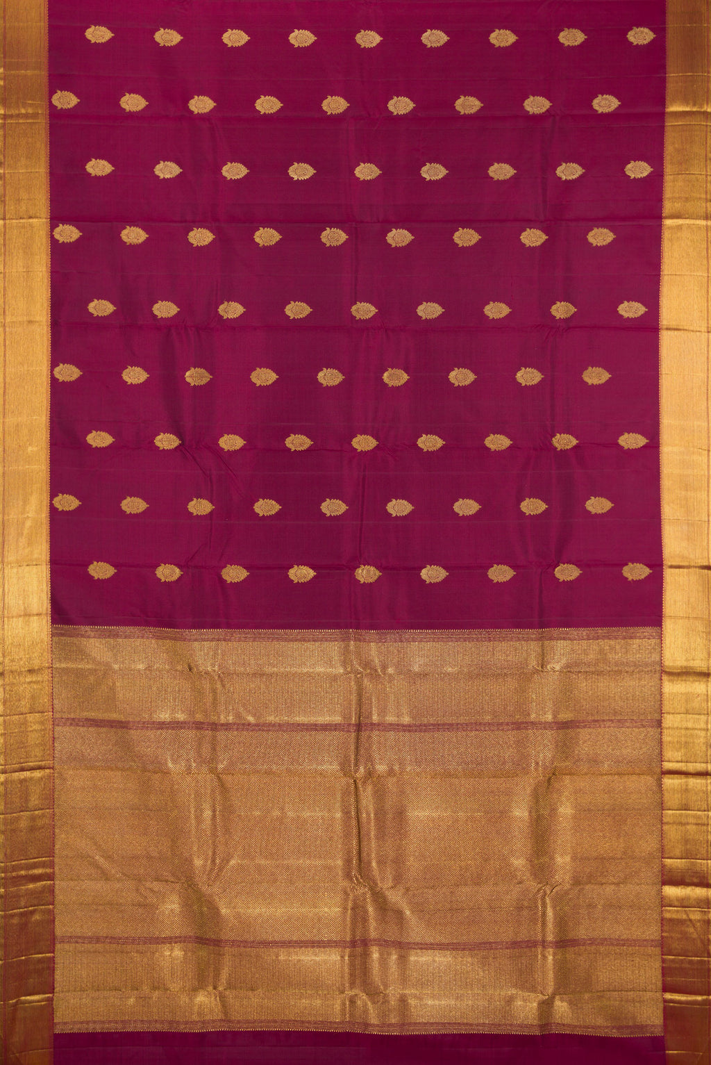 Flat view of Pure Silk Pure Zari Maroon Kanjivaram Saree with Zari Butta on the body and Zari Border. 