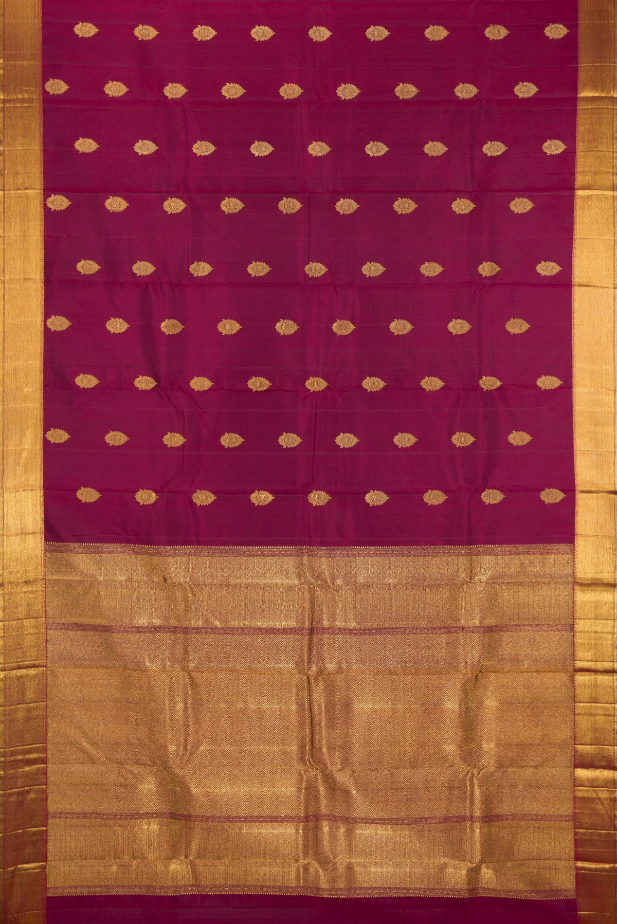 Flat view of Pure Silk Pure Zari Maroon Kanjivaram Saree with Zari Butta on the body and Zari Border. 