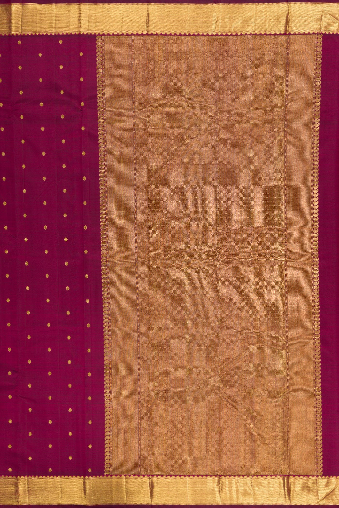 Close up image of the pallu of Pure Silk Pure Zari Maroon Dual Tone Kanjivaram Saree with Zari Butta on the body and Zari Border. 
