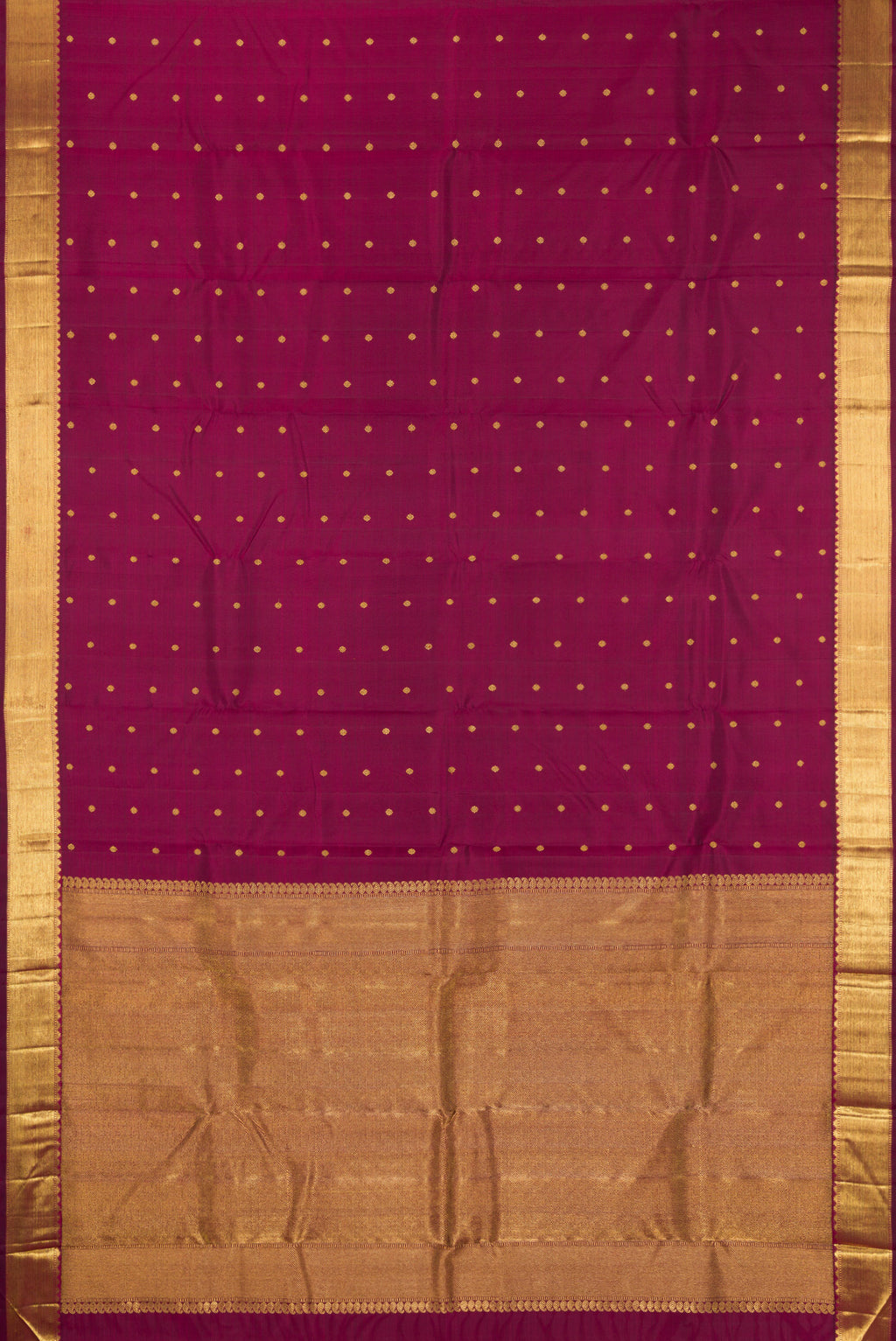Flat view of Pure Silk Pure Zari Maroon Dual Tone Kanjivaram Saree with Zari Butta on the body and Zari Border. 