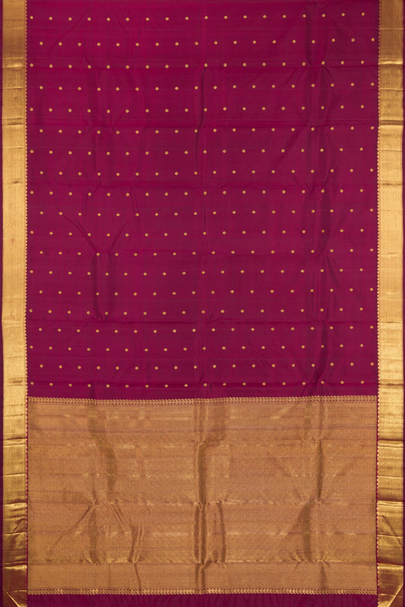 Flat view of Pure Silk Pure Zari Maroon Dual Tone Kanjivaram Saree with Zari Butta on the body and Zari Border. 
