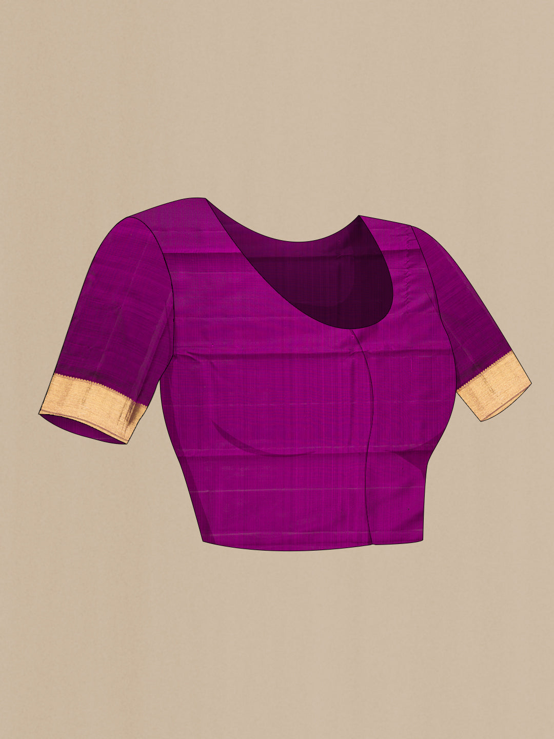 Close up image of the blouse of Pure Silk Pure Zari Purple Kanjivaram Saree with Zari Butta on the body and Zari Border. 