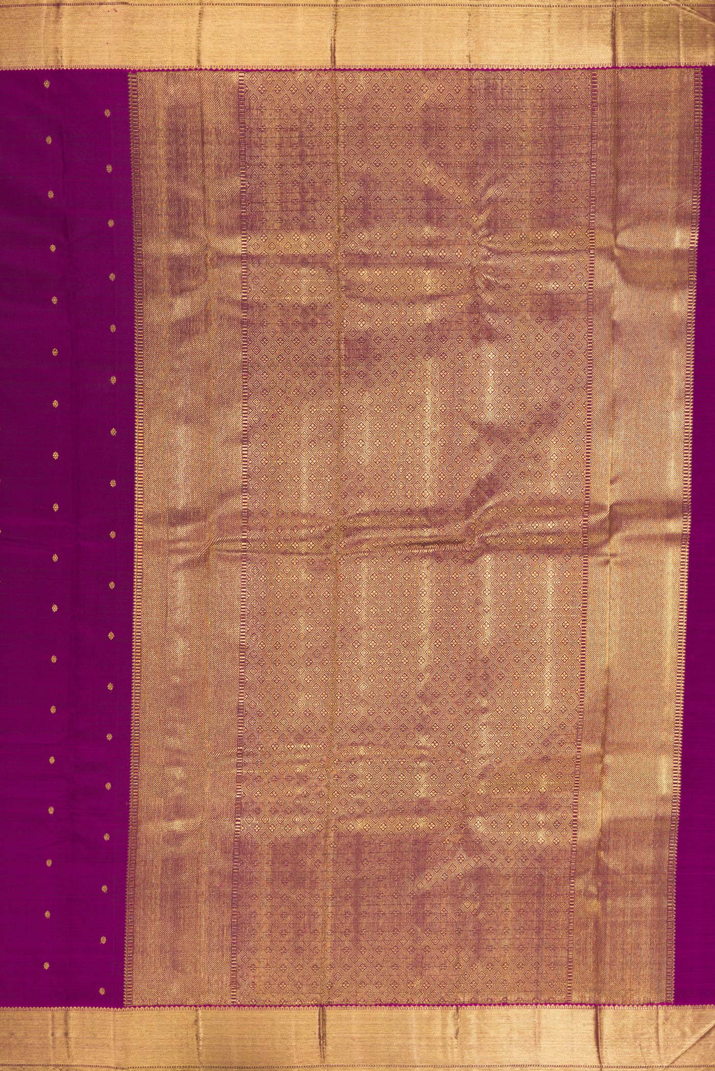 Close up image of the pallu of Pure Silk Pure Zari Purple Kanjivaram Saree with Zari Butta on the body and Zari Border. 