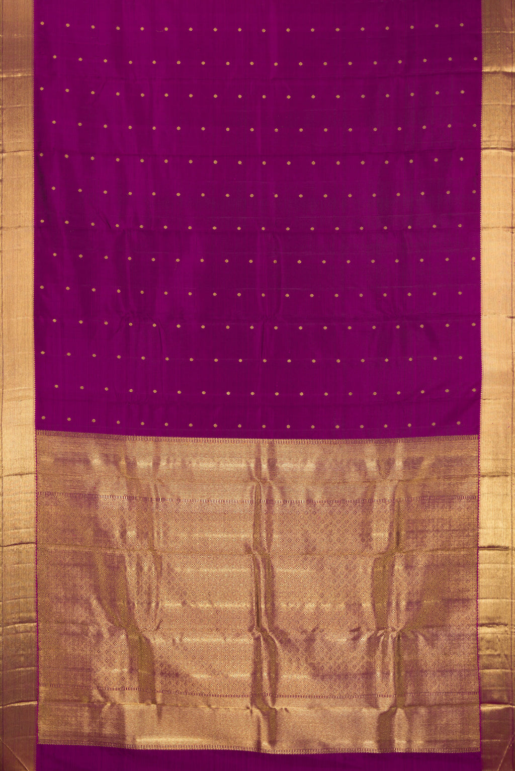 Flat view of Pure Silk Pure Zari Purple Kanjivaram Saree with Zari Butta on the body and Zari Border. 