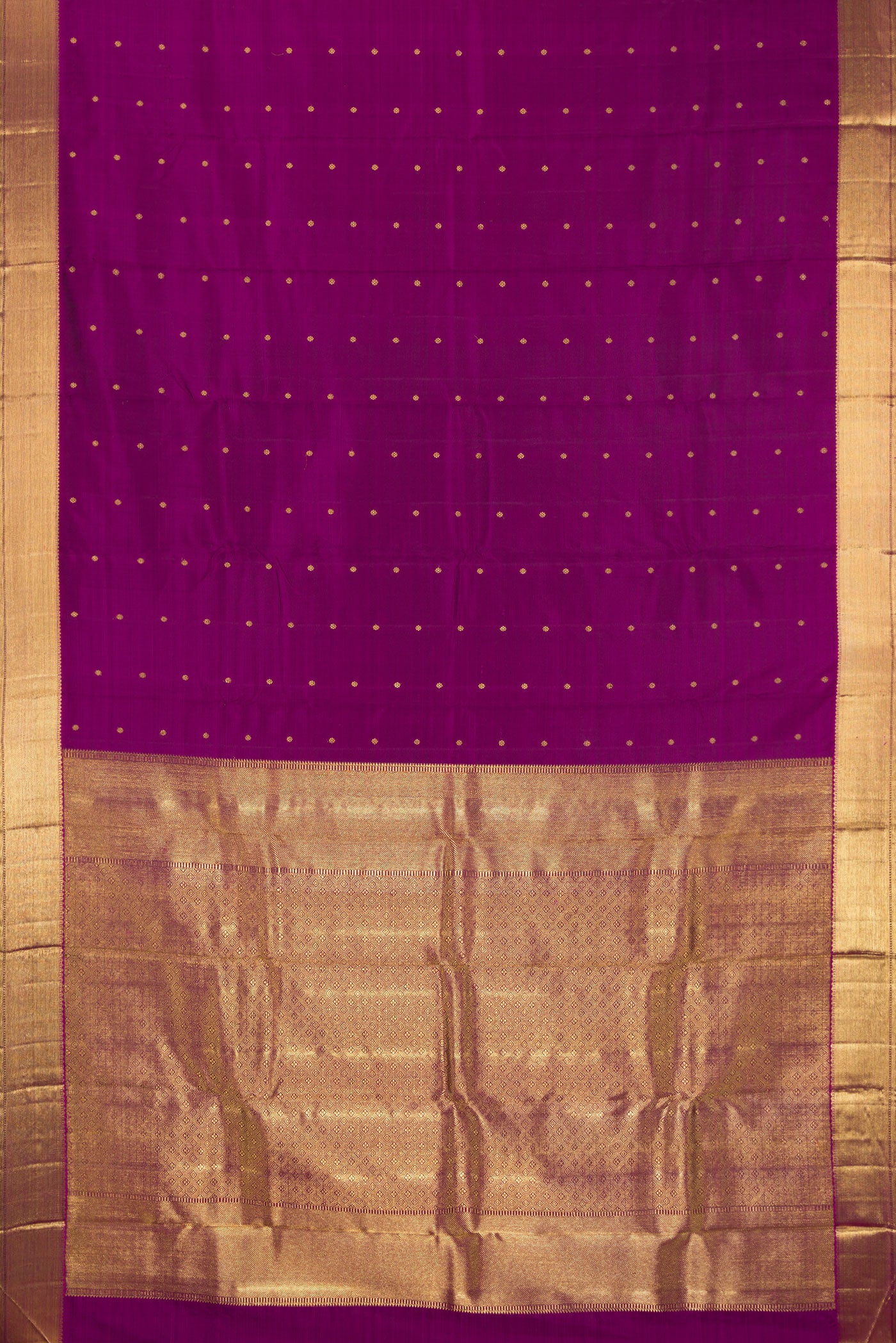 Flat view of Pure Silk Pure Zari Purple Kanjivaram Saree with Zari Butta on the body and Zari Border. 