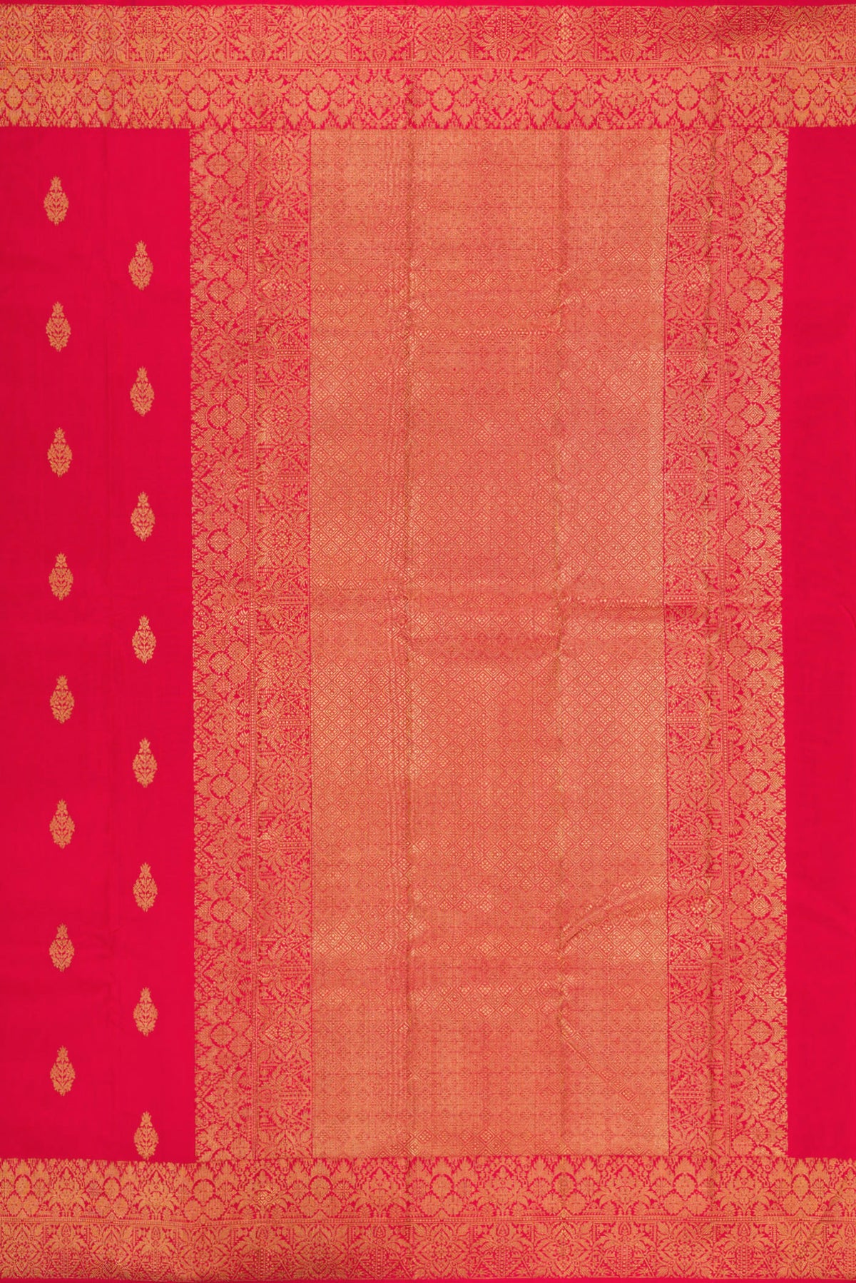 Close up image of the pallu of Pure Silk Pure Zari Maroon Kanjivaram Saree with Zari Butta on the body and Fancy Border. 