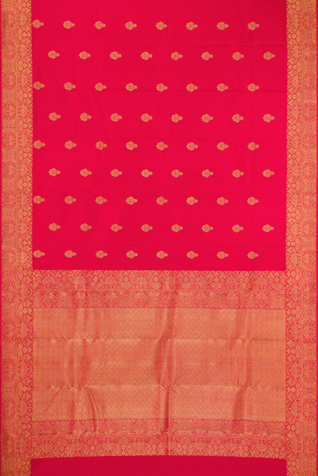 Flat view of Pure Silk Pure Zari Maroon Kanjivaram Saree with Zari Butta on the body and Fancy Border. 