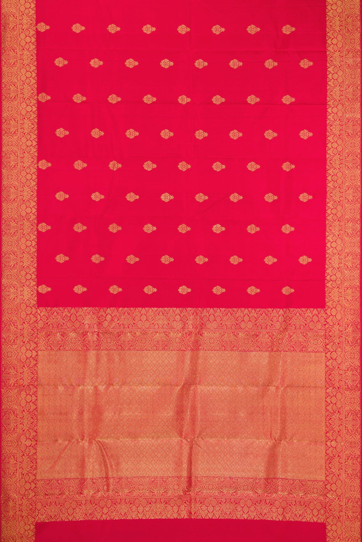 Flat view of Pure Silk Pure Zari Maroon Kanjivaram Saree with Zari Butta on the body and Fancy Border. 