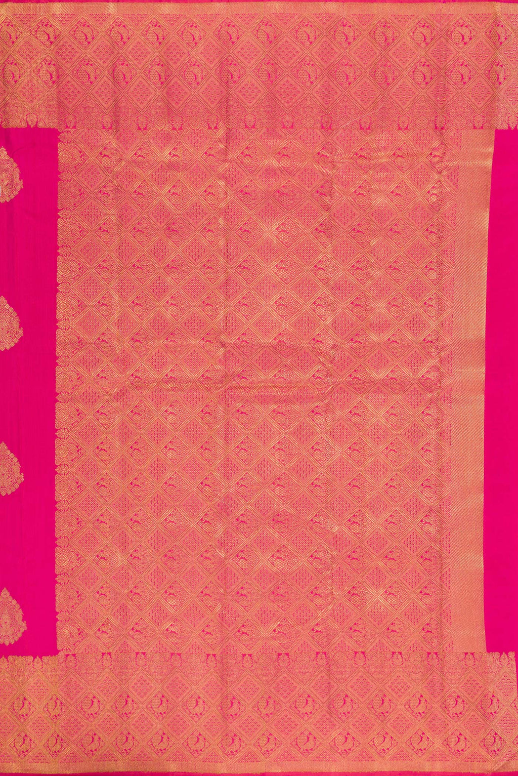 Close up image of the pallu of Pure Silk Pure Zari Pink Kanjivaram Saree with Zari Butta on the body and Zari Border. 