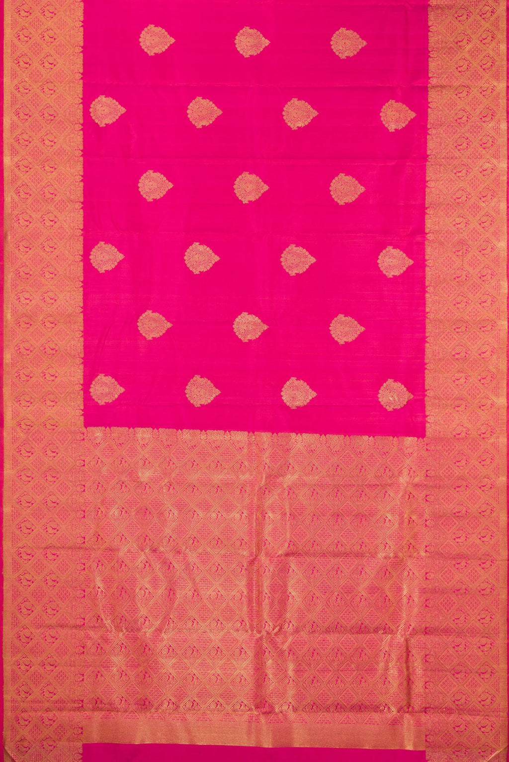 Flat view of Pure Silk Pure Zari Pink Kanjivaram Saree with Zari Butta on the body and Zari Border. 