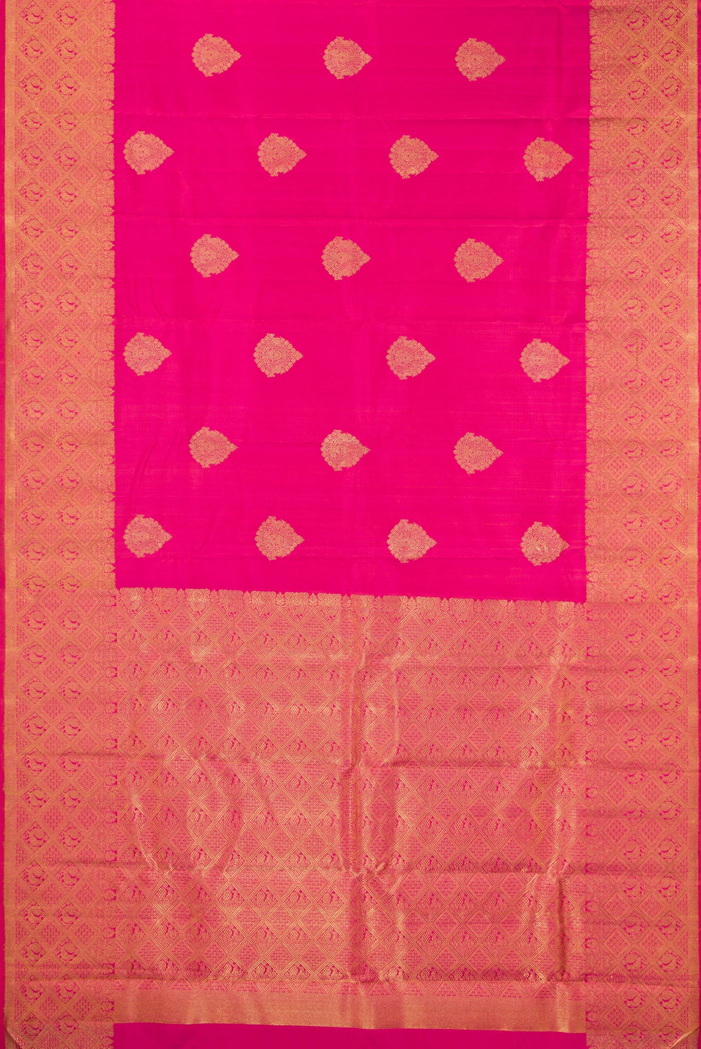 Flat view of Pure Silk Pure Zari Pink Kanjivaram Saree with Zari Butta on the body and Zari Border. 
