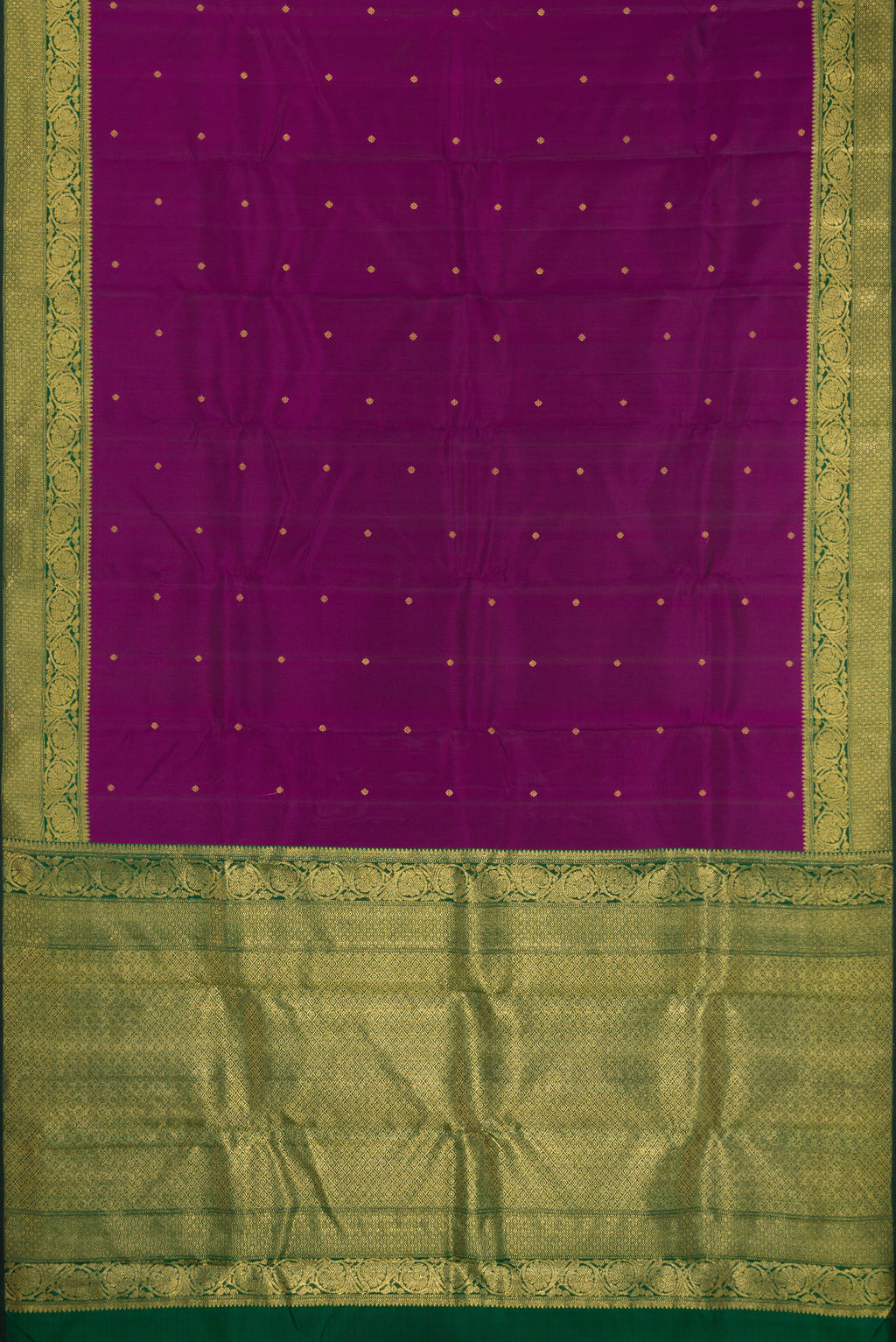 Flat view of Pure Silk Pure Zari Purple Kanjivaram Saree with Zari Butta on the body and Zari Border. 