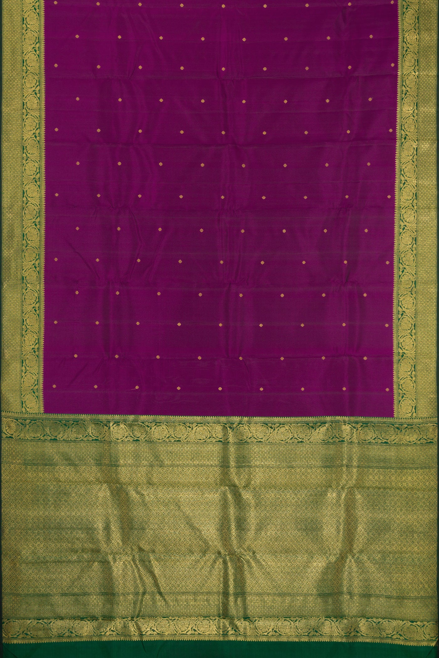 Flat view of Pure Silk Pure Zari Purple Kanjivaram Saree with Zari Butta on the body and Zari Border. 
