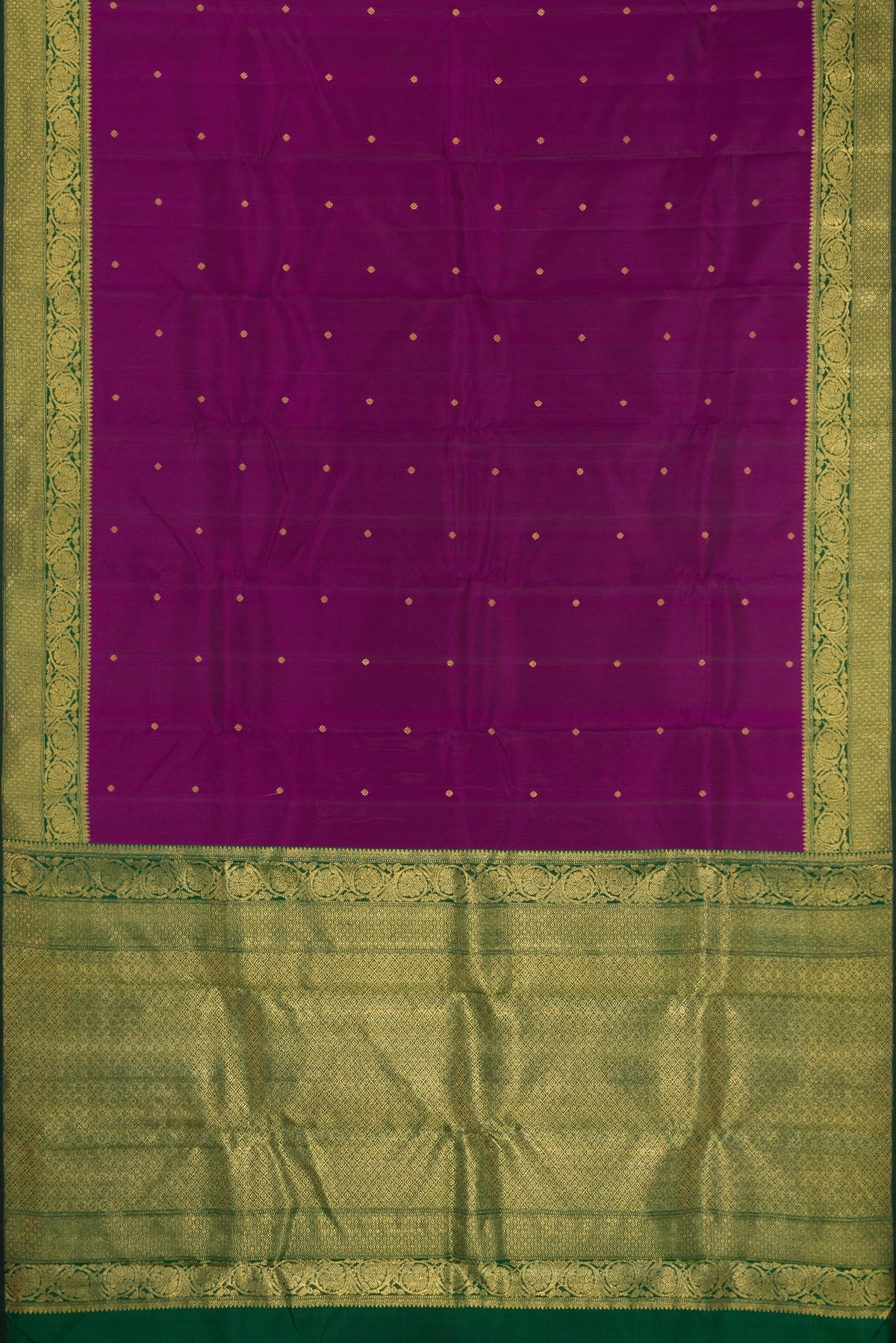 Flat view of Pure Silk Pure Zari Purple Kanjivaram Saree with Zari Butta on the body and Zari Border. 