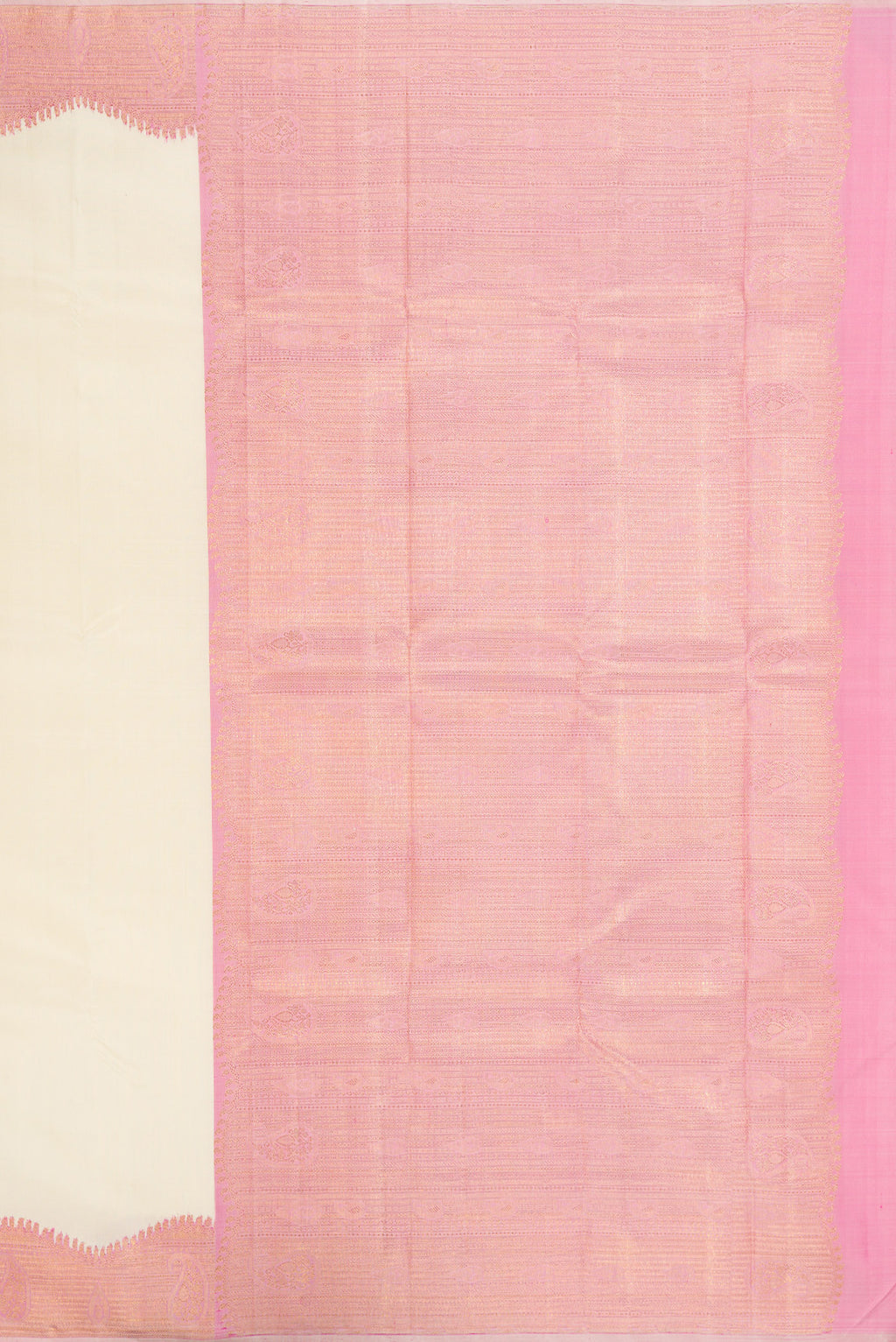 Close up image of the pallu of Pure Silk Pure Zari Off White Kanjivaram Saree with Plain Body and Fancy Border. 