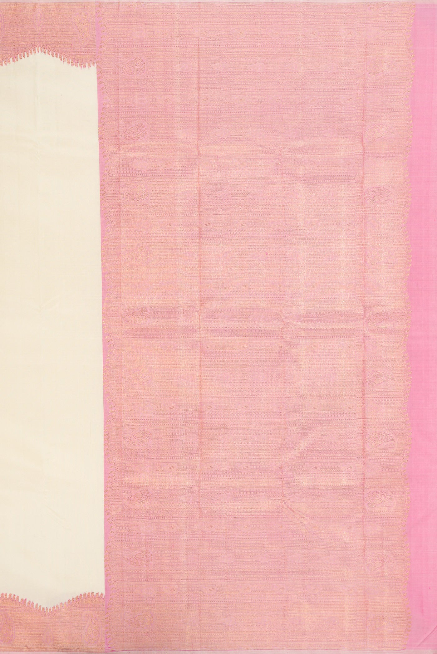 Close up image of the pallu of Pure Silk Pure Zari Off White Kanjivaram Saree with Plain Body and Fancy Border. 