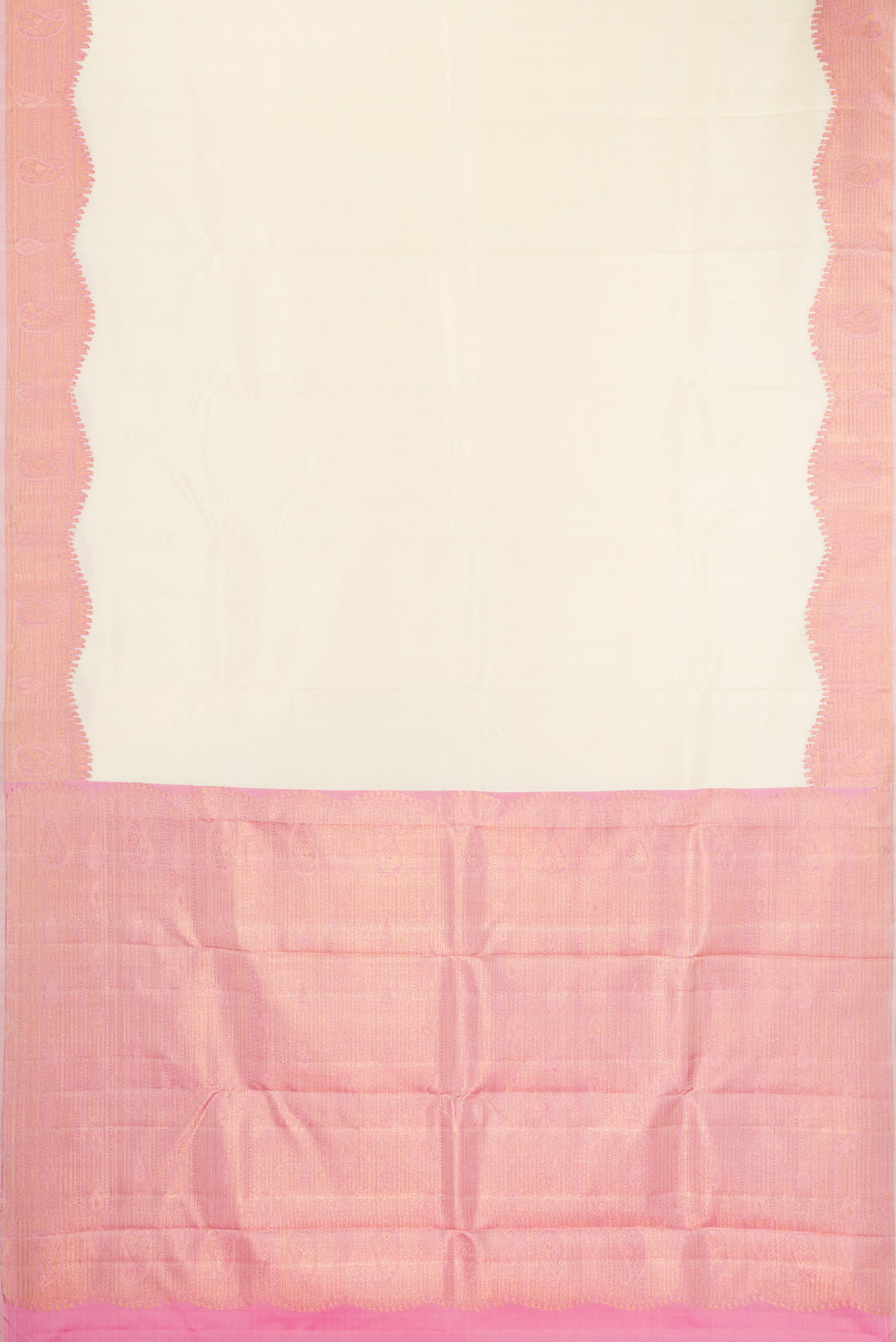 Flat view of Pure Silk Pure Zari Off White Kanjivaram Saree with Plain Body and Fancy Border. 