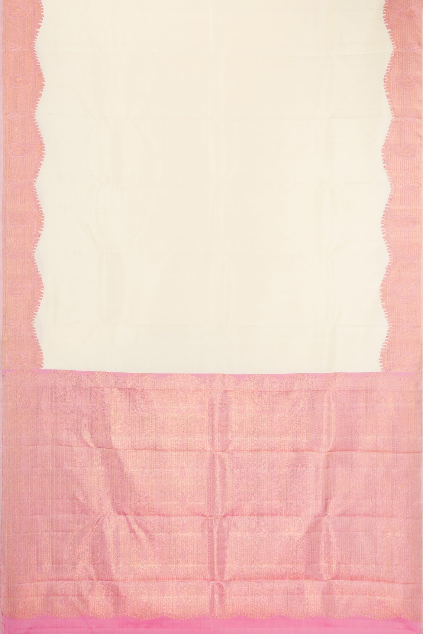 Flat view of Pure Silk Pure Zari Off White Kanjivaram Saree with Plain Body and Fancy Border. 