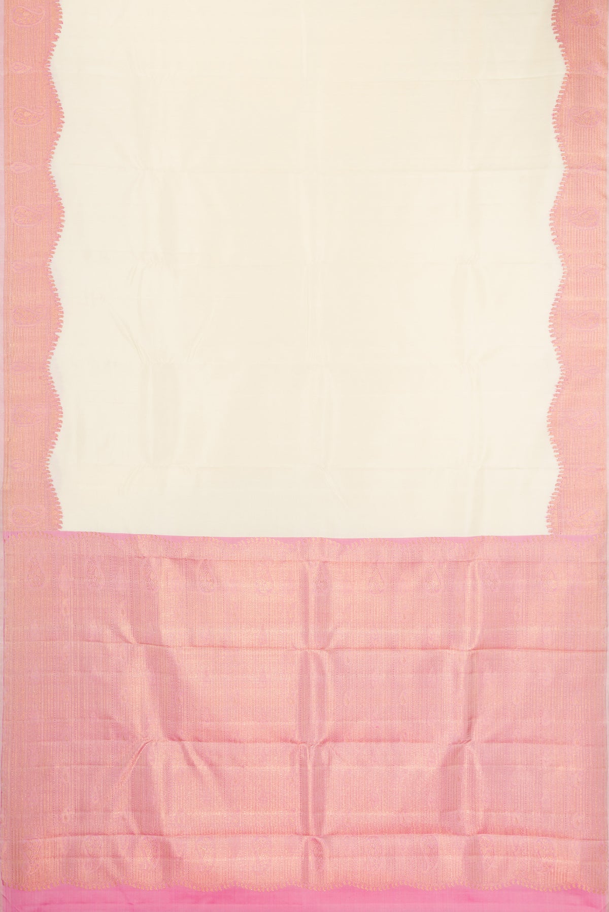 Flat view of Pure Silk Pure Zari Off White Kanjivaram Saree with Plain Body and Fancy Border. 