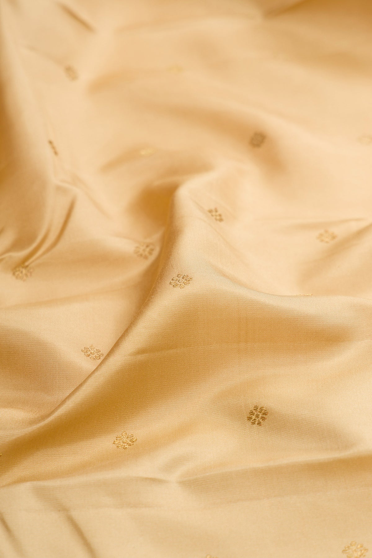 Close up of Pure Silk Pure Zari Dark Beige Kanjivaram Saree with Zari Butta on the body and Zari Border.  displaying folds