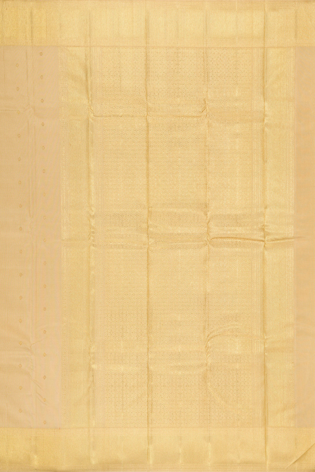 Close up image of the pallu of Pure Silk Pure Zari Dark Beige Kanjivaram Saree with Zari Butta on the body and Zari Border. 