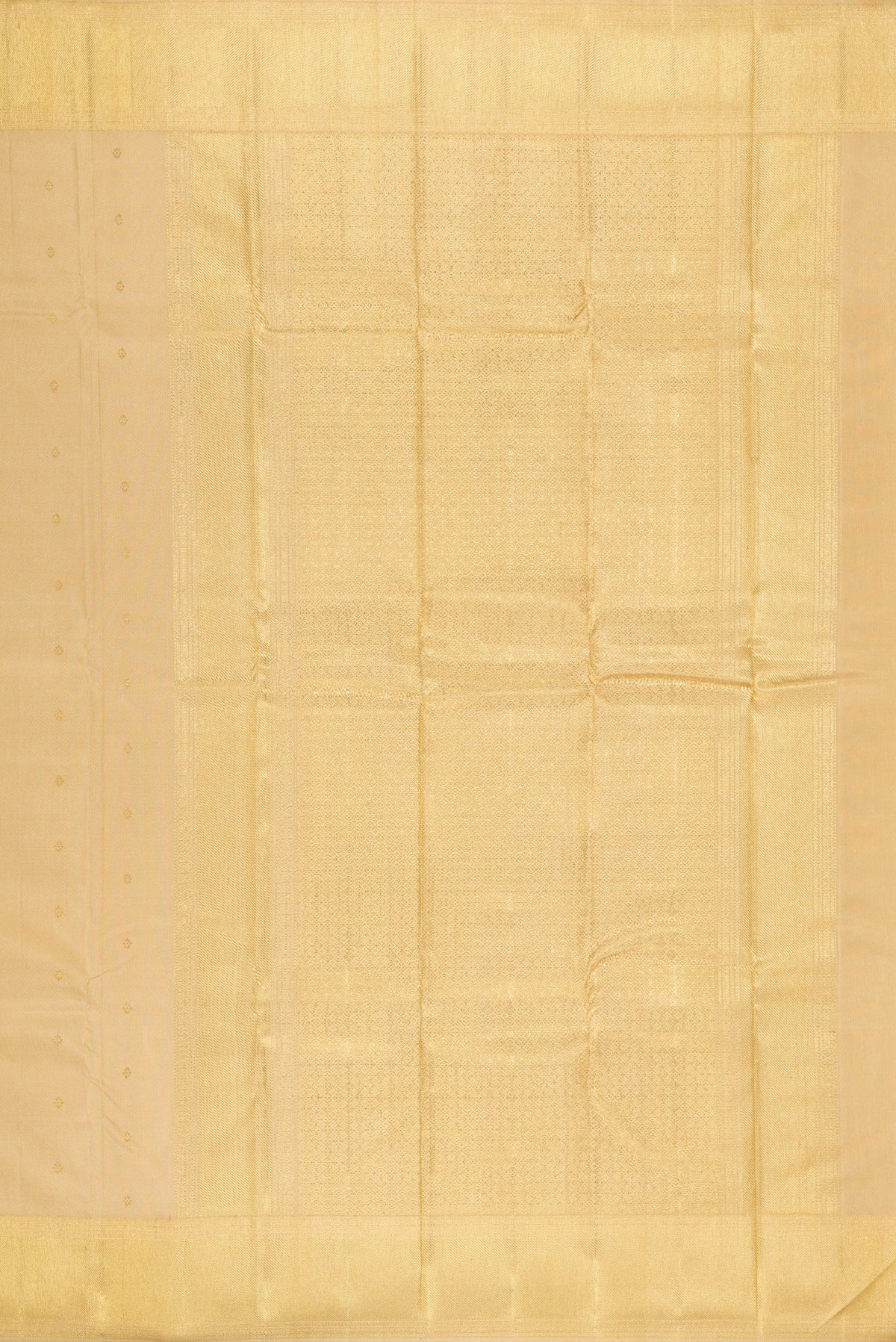 Close up image of the pallu of Pure Silk Pure Zari Dark Beige Kanjivaram Saree with Zari Butta on the body and Zari Border. 