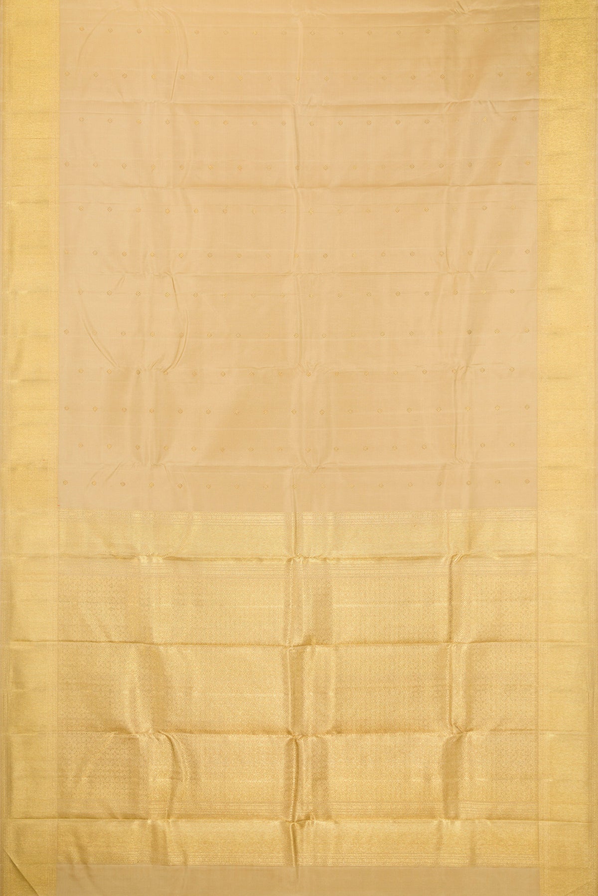 Flat view of Pure Silk Pure Zari Dark Beige Kanjivaram Saree with Zari Butta on the body and Zari Border. 