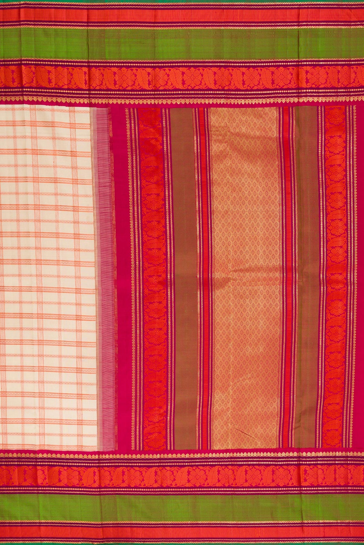 Close up image of the pallu of Pure Silk Pure Zari Sandal Kanchipuram Saree with Checked design on the body and Zari And Thread Border. 