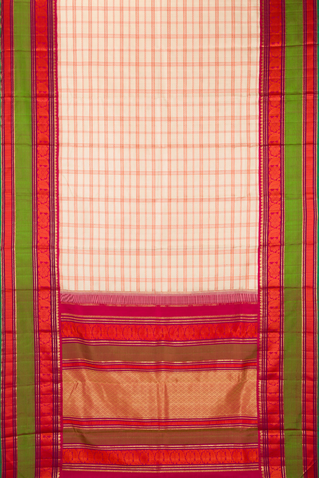 Flat view of Pure Silk Pure Zari Sandal Kanchipuram Saree with Checked design on the body and Zari And Thread Border. 