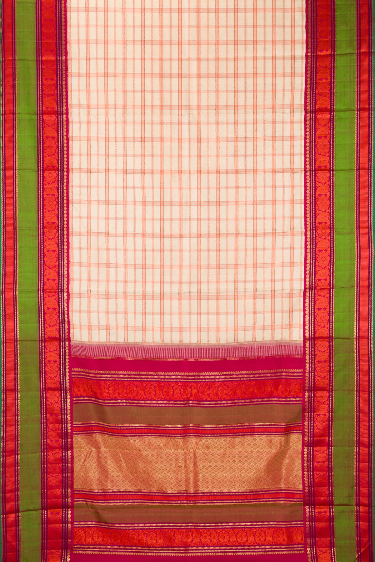 Flat view of Pure Silk Pure Zari Sandal Kanchipuram Saree with Checked design on the body and Zari And Thread Border. 