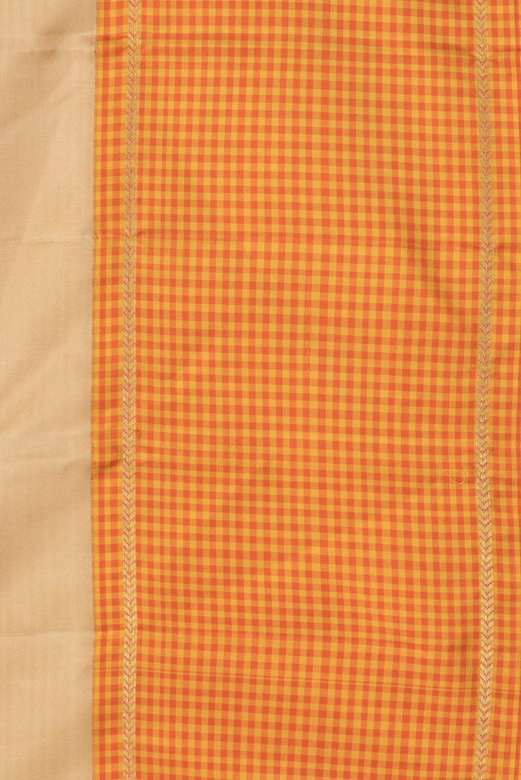 Border image of Pure Silk Beige Dual Tone Kanjivaram Saree with Plain Body and Checks Border. 
