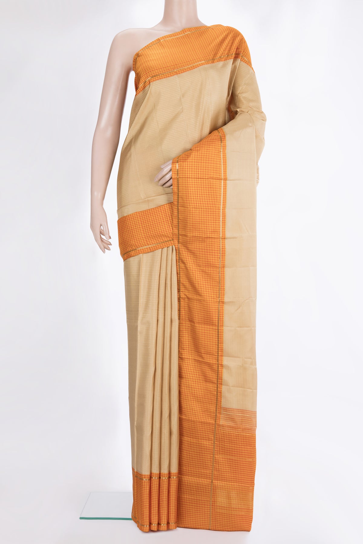 Pure Silk Beige Dual Tone Kanjivaram Saree with Plain Body and Checks Border.  displayed on a mannequin