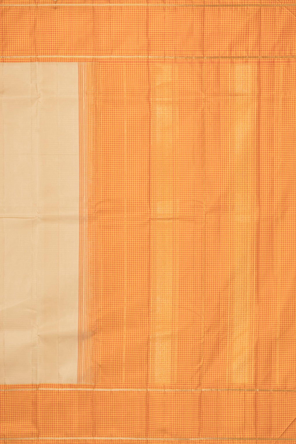 Close up image of the pallu of Pure Silk Beige Dual Tone Kanjivaram Saree with Plain Body and Checks Border. 