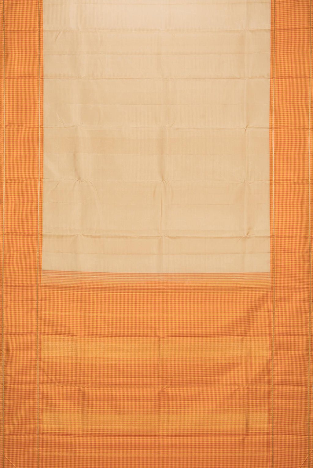 Flat view of Pure Silk Beige Dual Tone Kanjivaram Saree with Plain Body and Checks Border. 