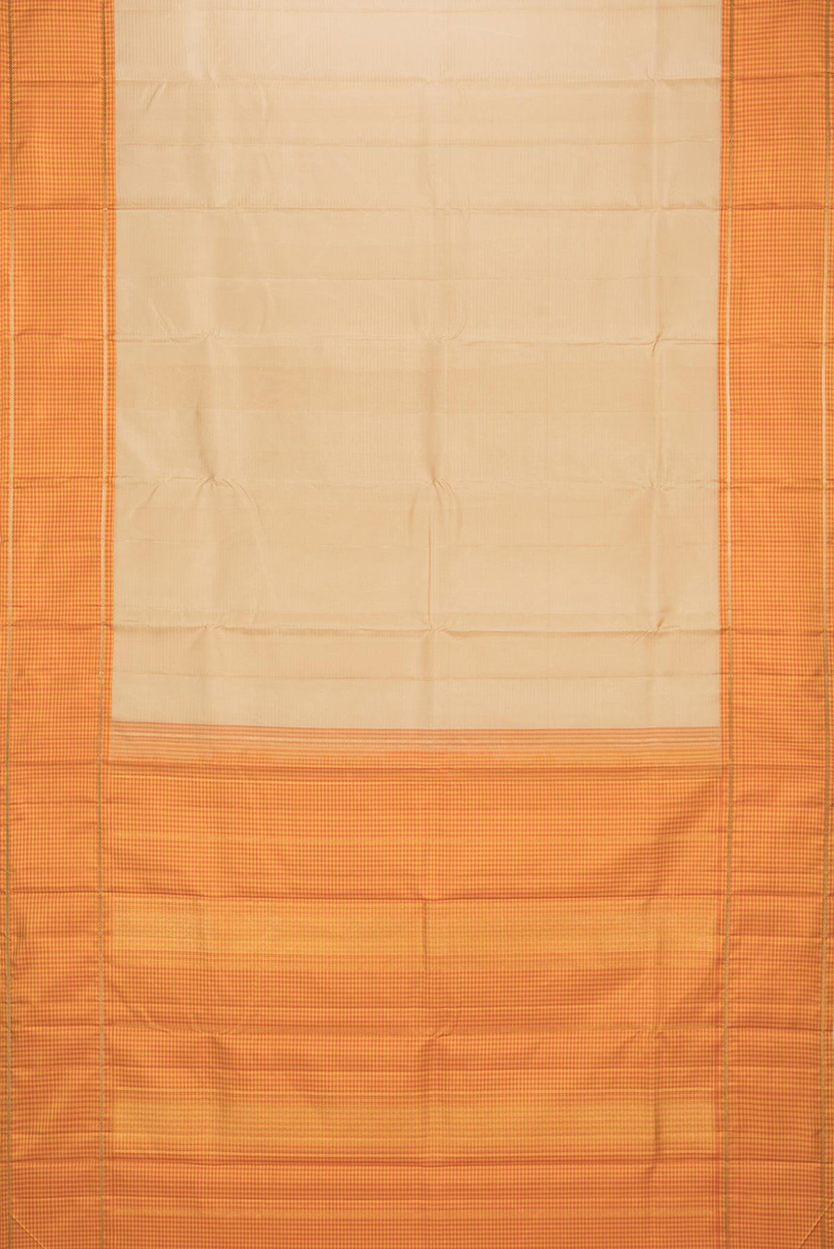 Flat view of Pure Silk Beige Dual Tone Kanjivaram Saree with Plain Body and Checks Border. 