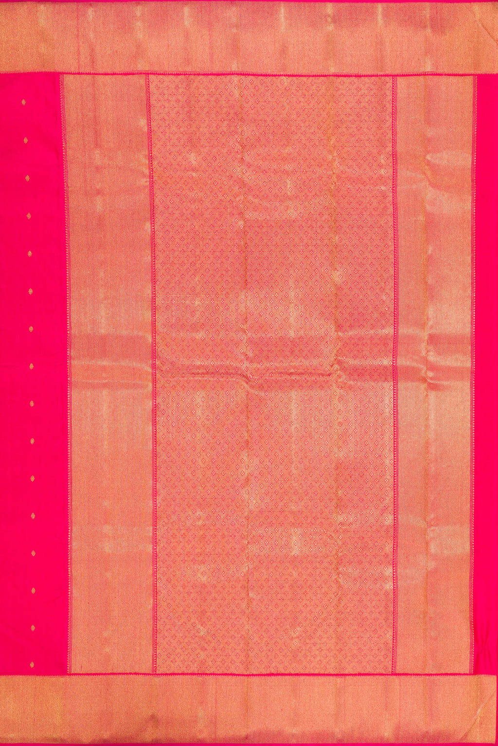 Close up image of the pallu of Pure Silk Pure Zari Dark Pink Kanjivaram Saree with Zari Butta on the body and Zari Border. 