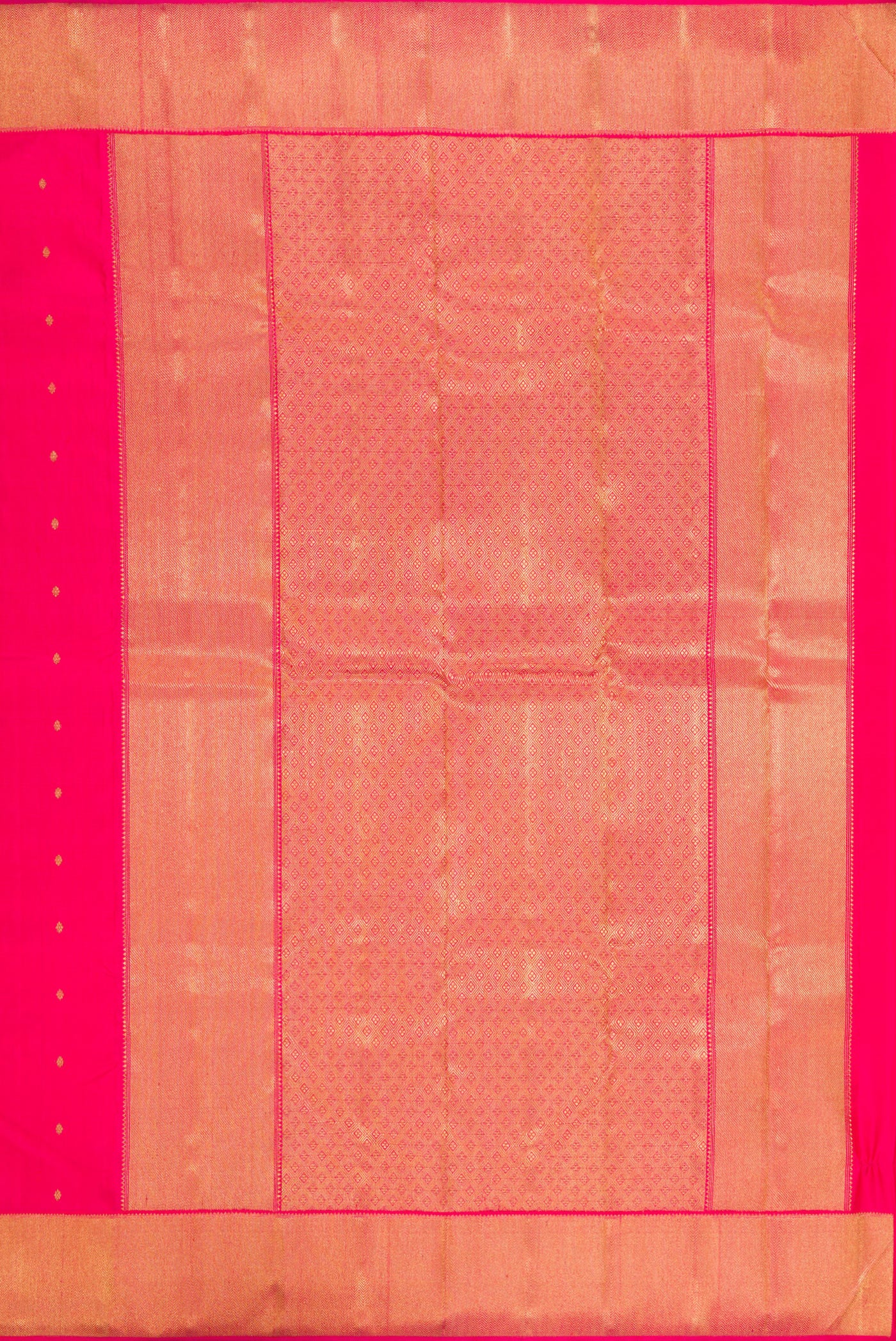 Close up image of the pallu of Pure Silk Pure Zari Dark Pink Kanjivaram Saree with Zari Butta on the body and Zari Border. 