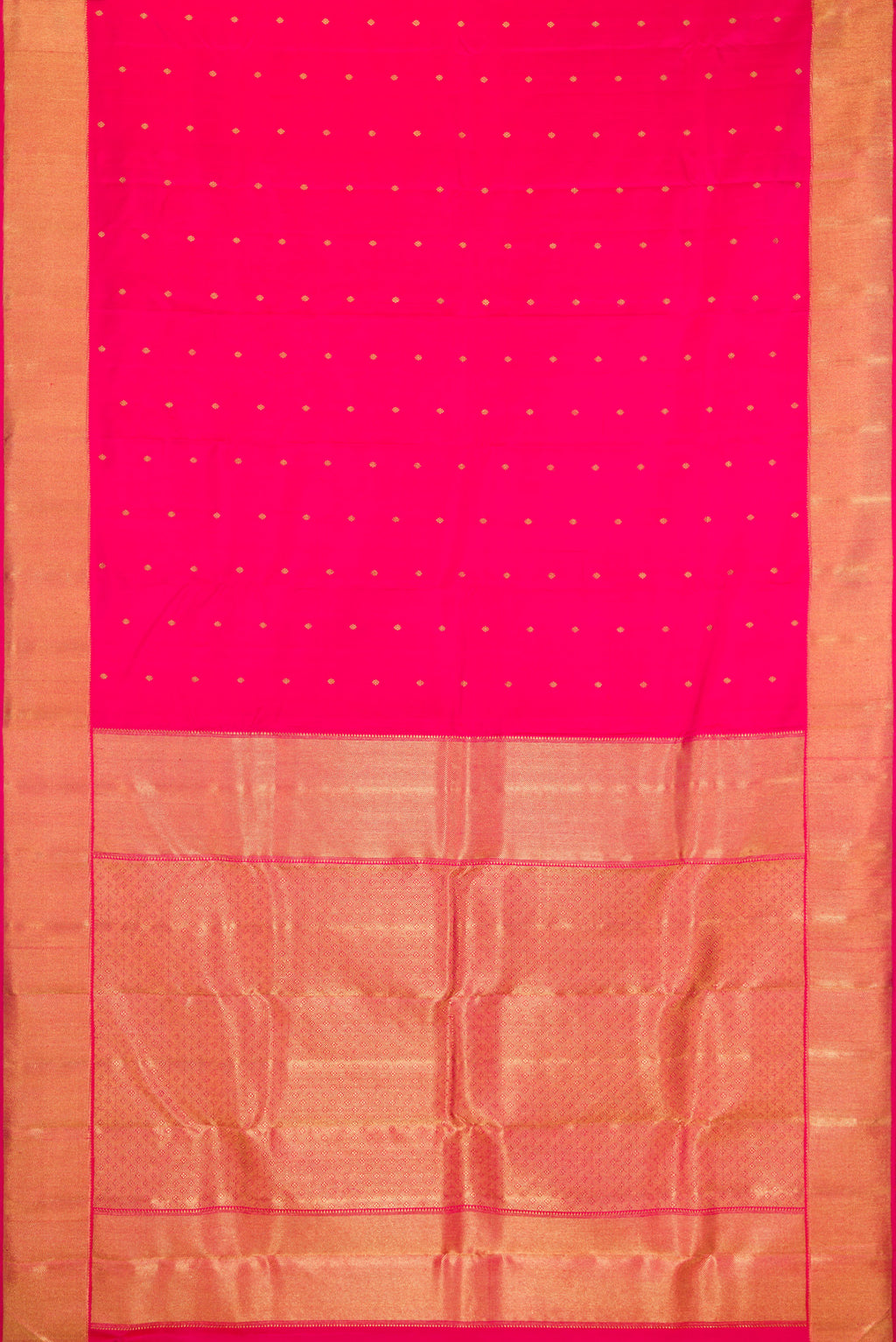 Flat view of Pure Silk Pure Zari Dark Pink Kanjivaram Saree with Zari Butta on the body and Zari Border. 