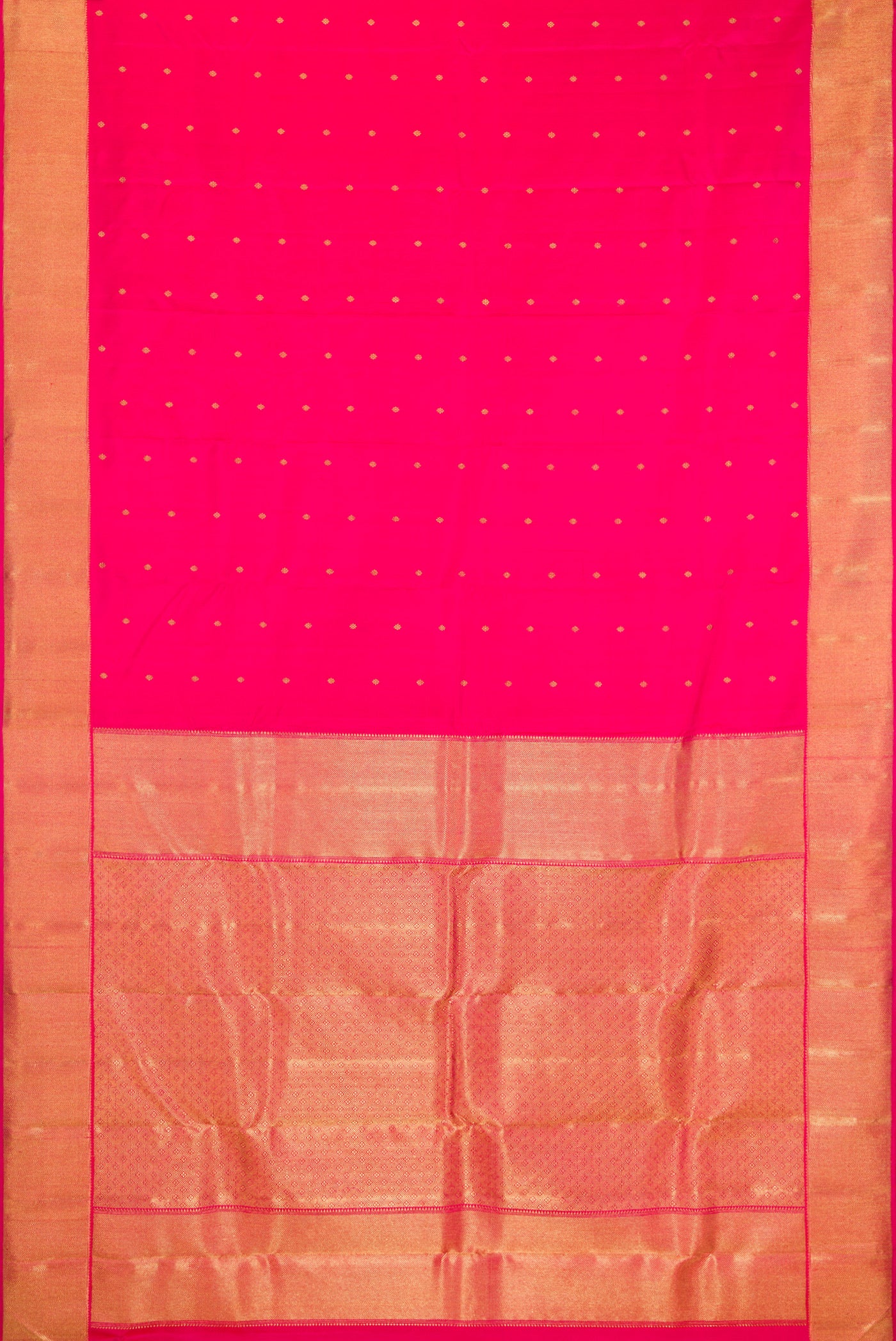 Flat view of Pure Silk Pure Zari Dark Pink Kanjivaram Saree with Zari Butta on the body and Zari Border. 