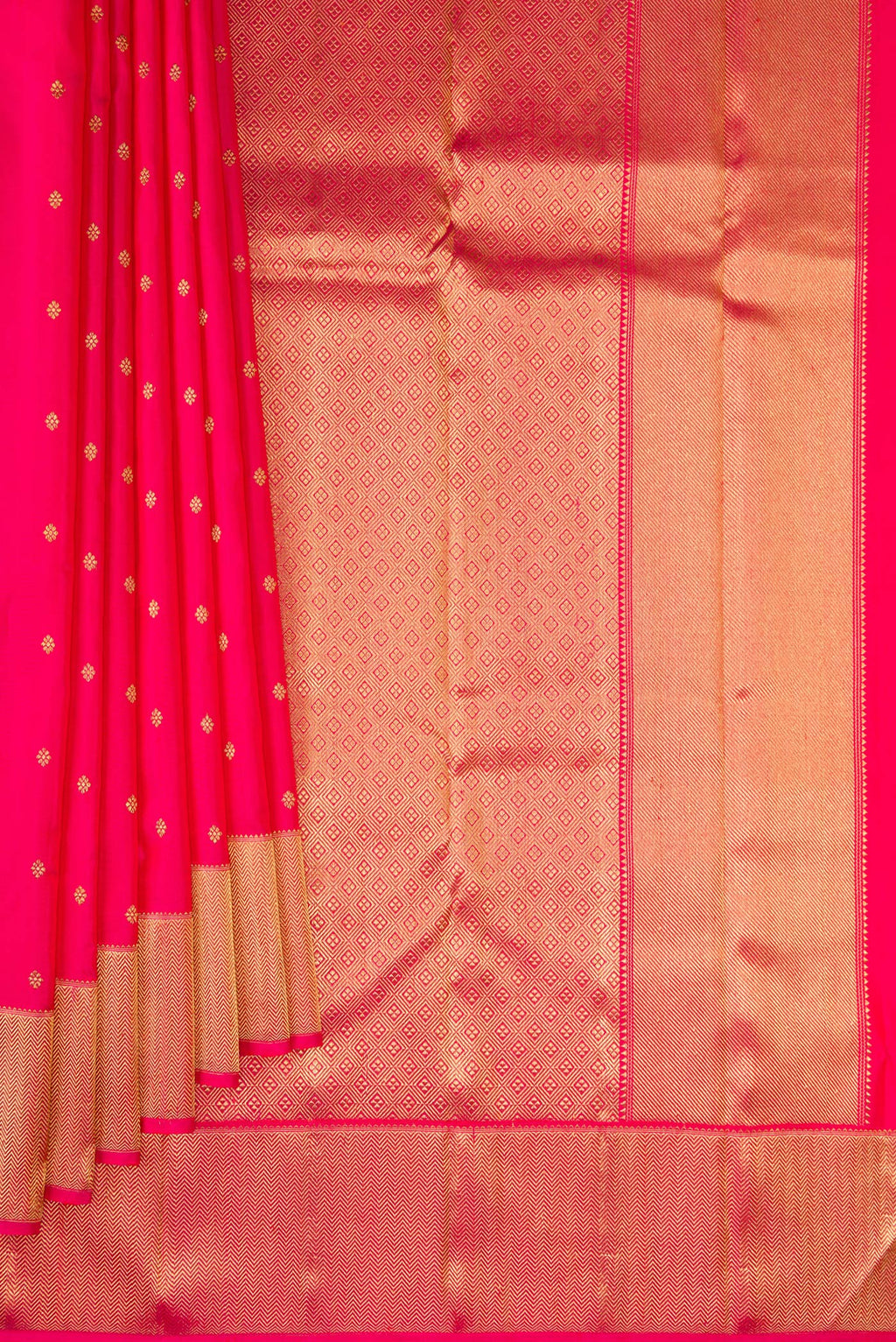 Pleats and pallu of Pure Silk Pure Zari Dark Pink Kanjivaram Saree with Zari Butta on the body and Zari Border. 