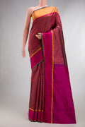 Pure Silk Magenta Dual Tone Kanjivaram Saree with Jacquard design on the body and Ganga Jamuna Border.  displayed on a mannequin
