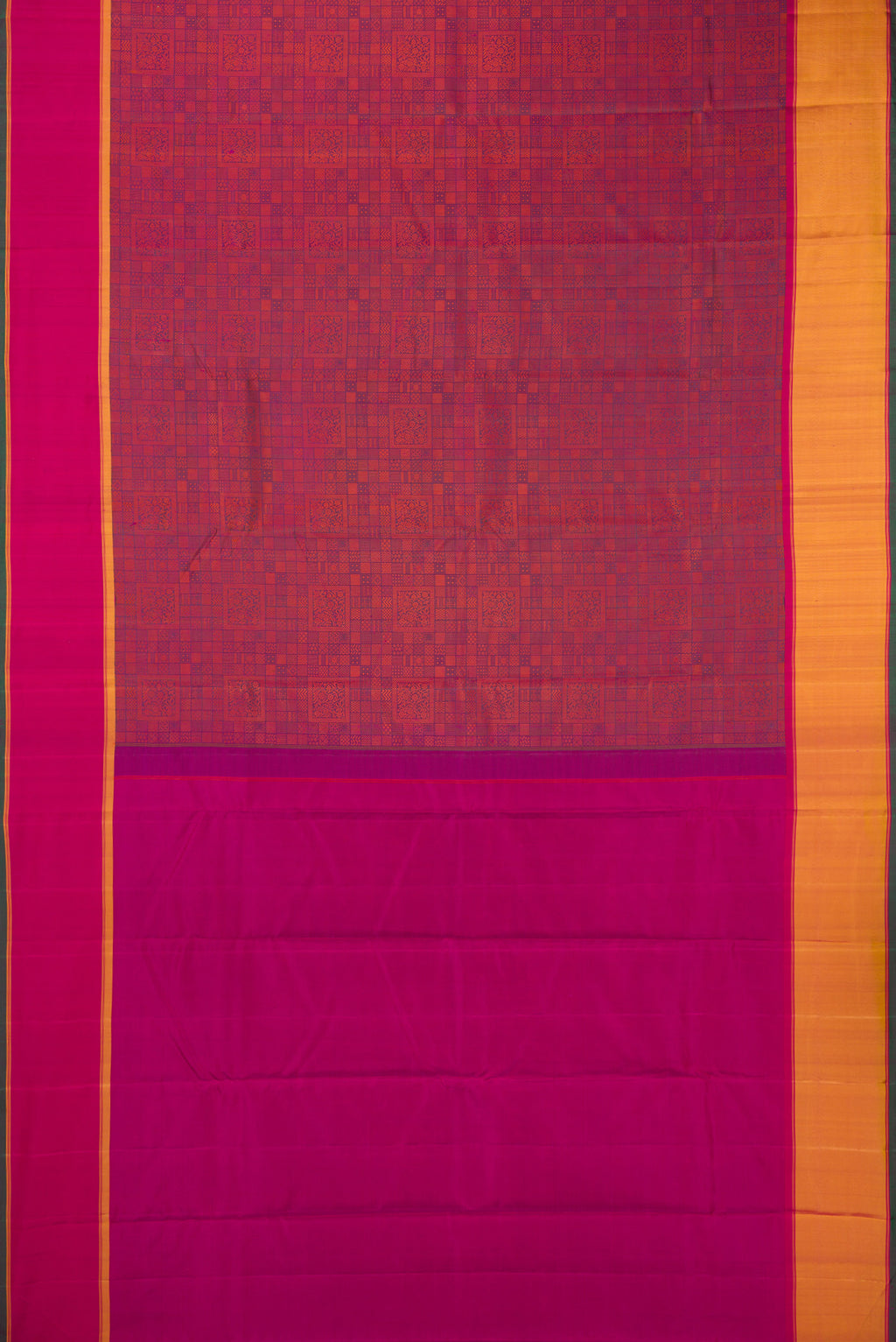 Flat view of Pure Silk Magenta Dual Tone Kanjivaram Saree with Jacquard design on the body and Ganga Jamuna Border. 