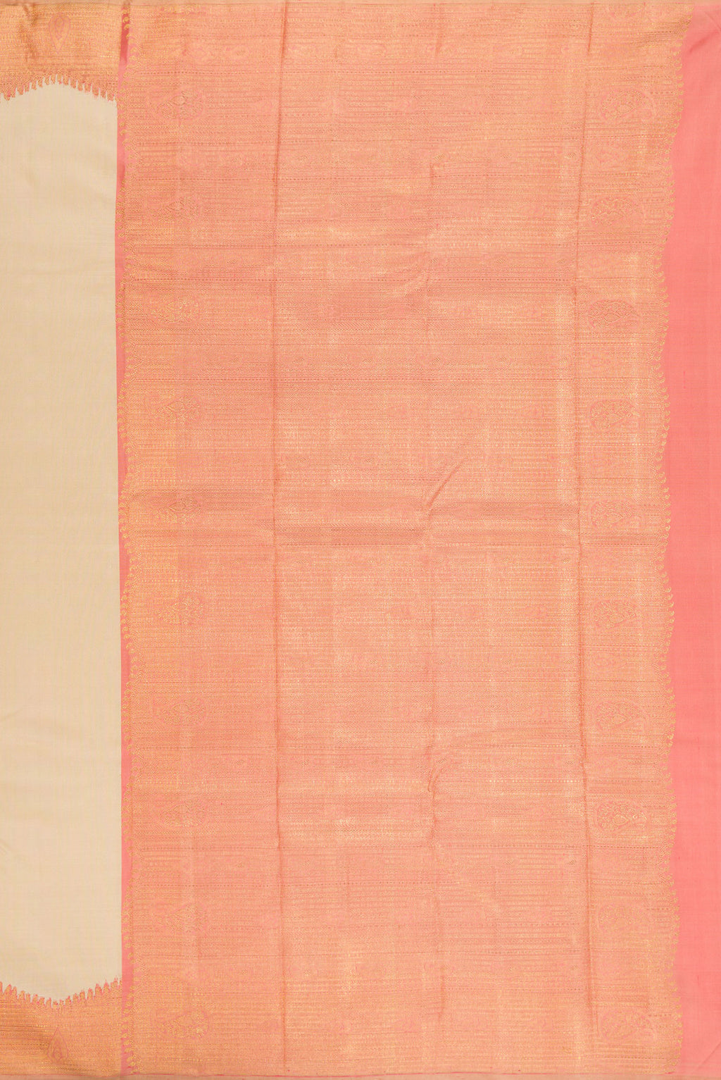 Close up image of the pallu of Pure Silk Pure Zari Sandal Kanjivaram Saree with Plain Body and Fancy Border. 