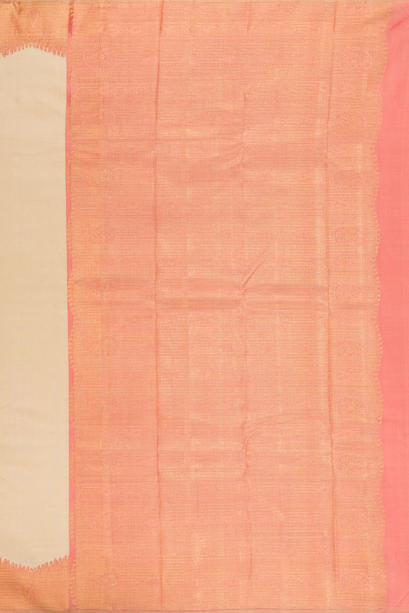 Close up image of the pallu of Pure Silk Pure Zari Sandal Kanjivaram Saree with Plain Body and Fancy Border. 