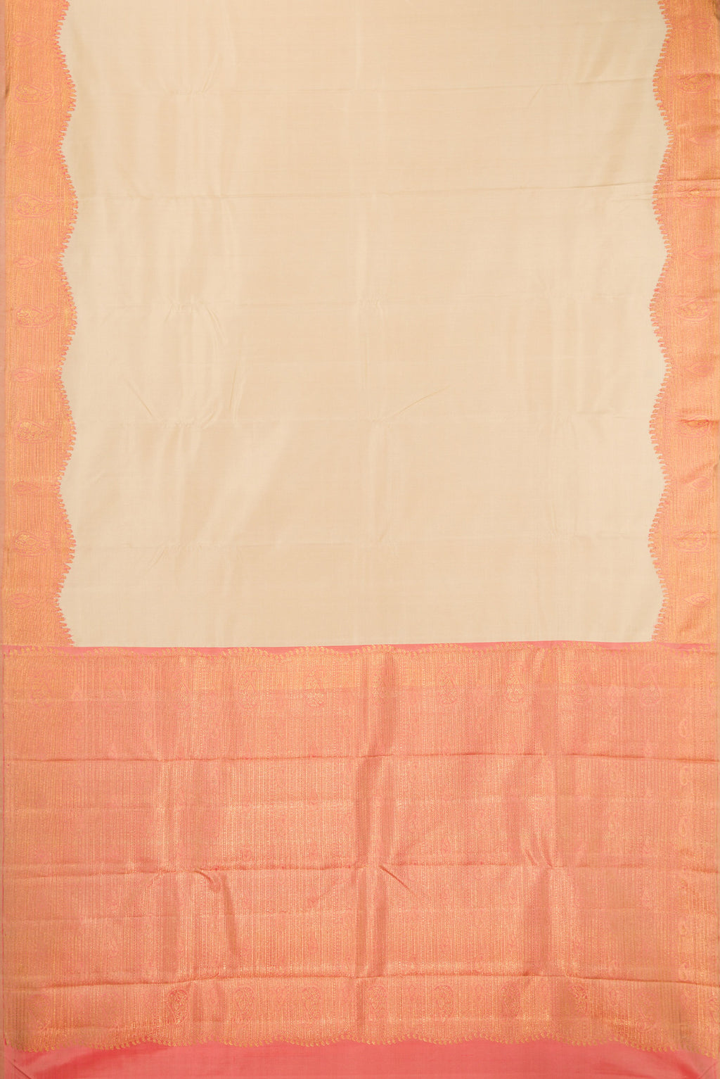Flat view of Pure Silk Pure Zari Sandal Kanjivaram Saree with Plain Body and Fancy Border. 