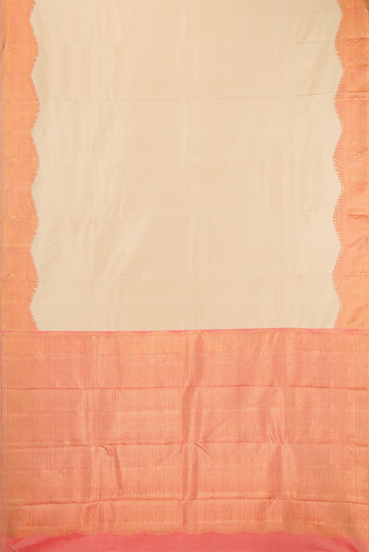 Flat view of Pure Silk Pure Zari Sandal Kanjivaram Saree with Plain Body and Fancy Border. 