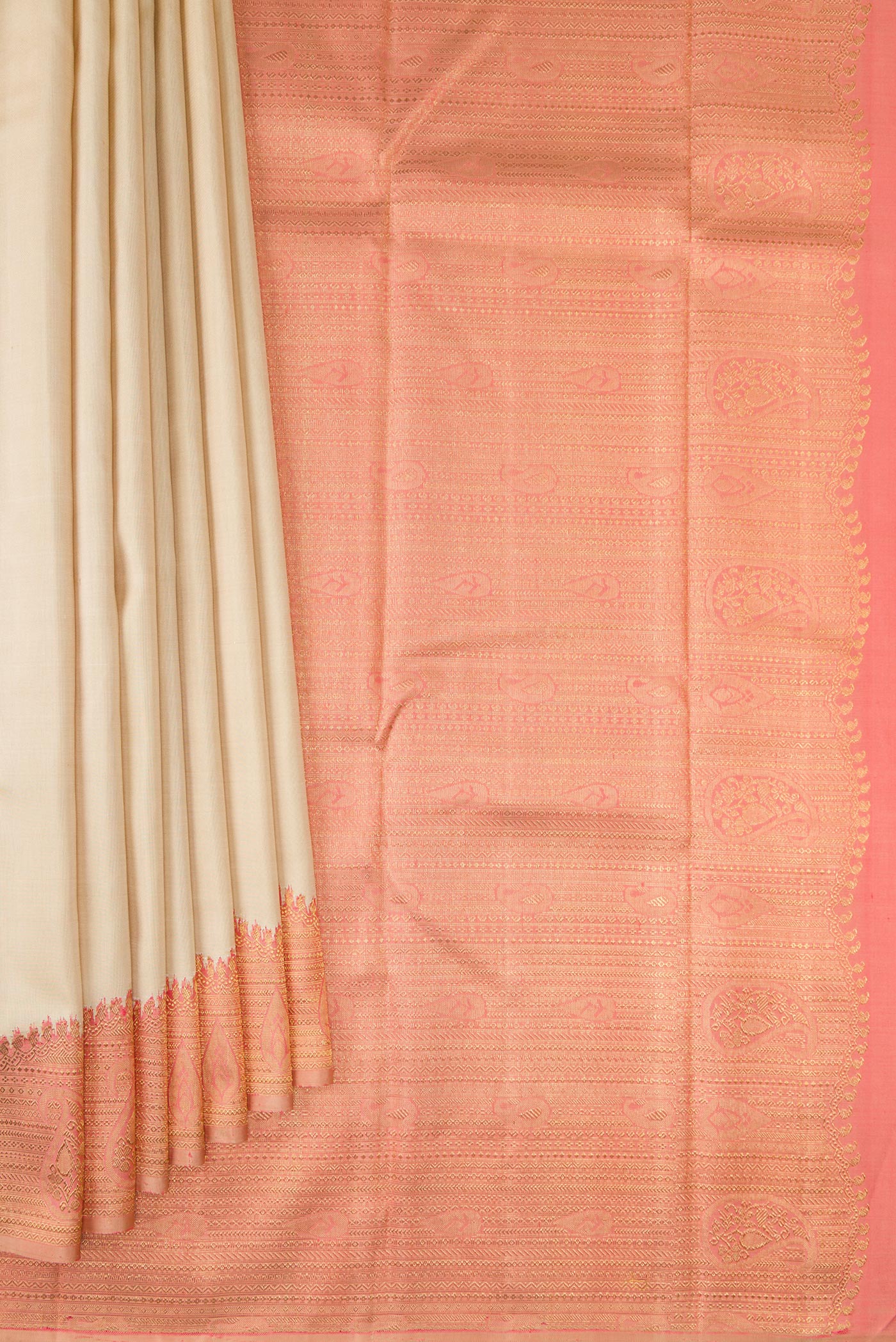 Pleats and pallu of Pure Silk Pure Zari Sandal Kanjivaram Saree with Plain Body and Fancy Border. 