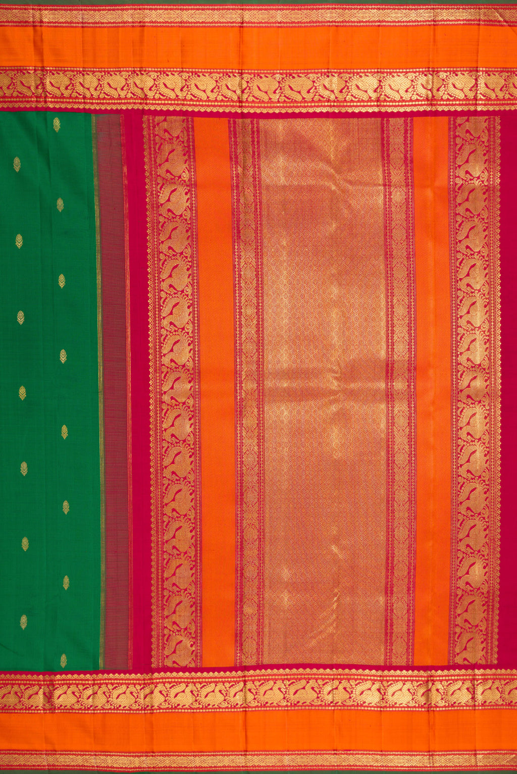 Close up image of the pallu of Pure Silk Pure Zari Green Kanjivaram Saree with Zari Butta on the body and Zari Border. 