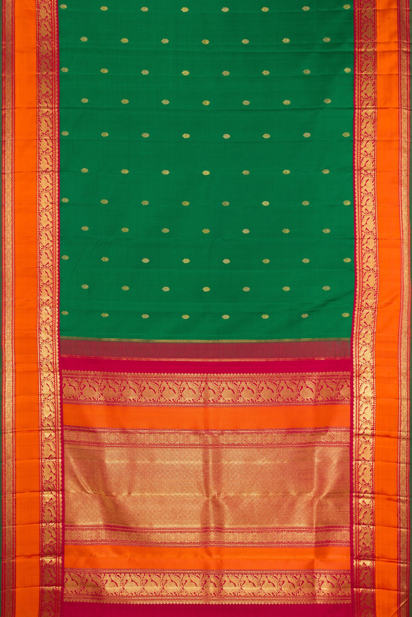 Flat view of Pure Silk Pure Zari Green Kanjivaram Saree with Zari Butta on the body and Zari Border. 