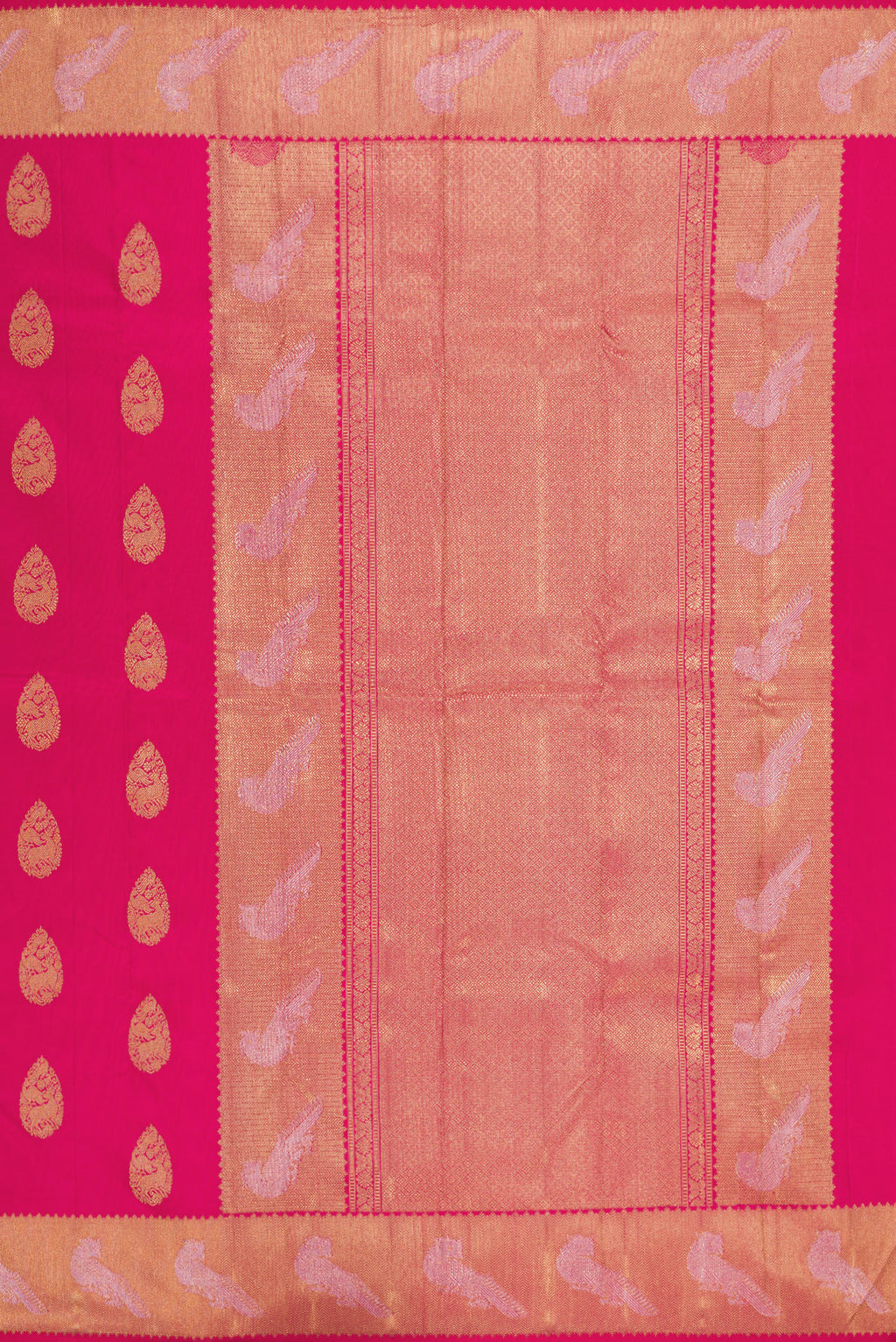 Close up image of the pallu of Pure Silk Pure Zari Pink Kanjivaram Saree with Zari Butta on the body and Fancy Border. 